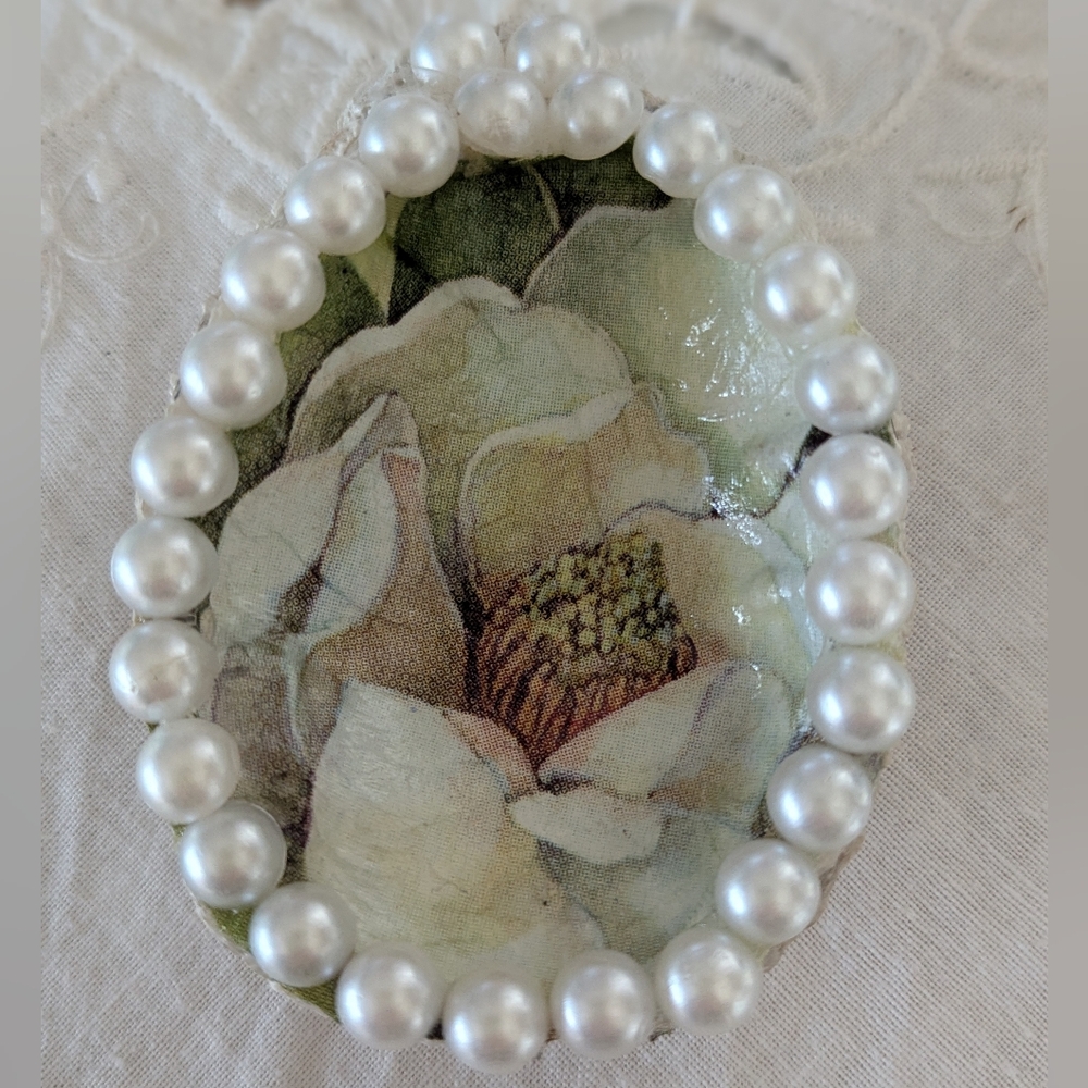 Handcrafted Decoupaged Magnolia On Oyster Shell Pearl Trim Trinket Dish